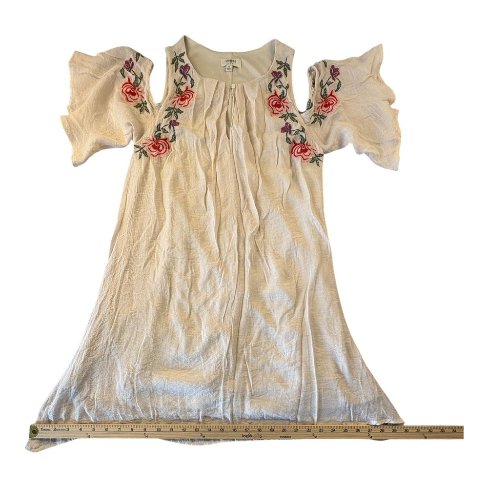Umgee USA M Embroidered Cold Shoulder Dress Boho Ruffle Sleeves Cream